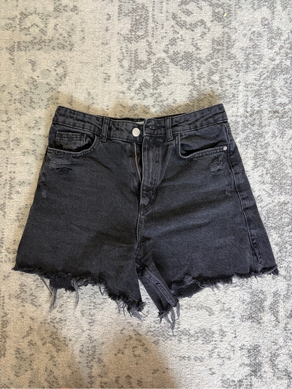 Zara Black High-Waist Distressed Denim Shorts
